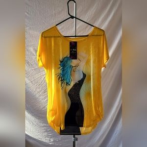 Si rou yellow short sleeve blouse with rhinestones